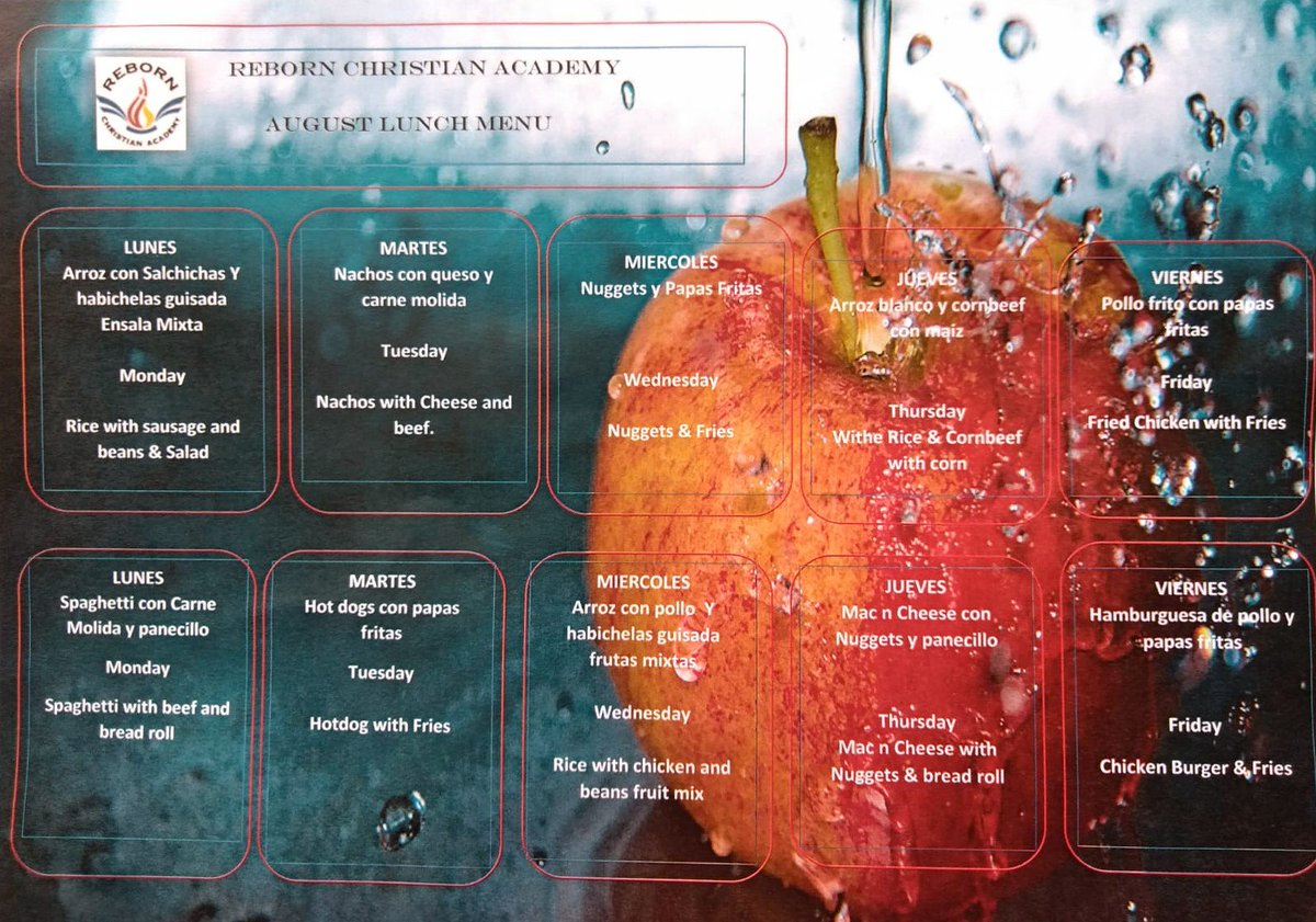 Here is our menu for the following two weeks of new school year. Thank you

 Aqui se encuentra el menu para las siguientes dos semanas para nuestro nuevo año escolar. Gracias