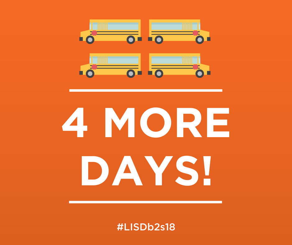 LewisvilleISD's tweet photo. 🚌🚌🚌🚌 
4 more days! Find out bus stop pick-up/drop-off times and more on the Transportation page here: https://t.co/GhDGLDy1MB #LISDb2s18 https://t.co/AbpqyJi0KL