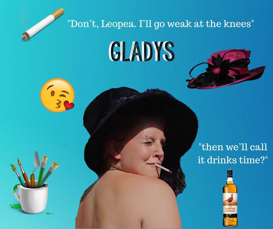 bluetoothkevint's tweet image. Gladys is the island&apos;s resident therapist. She helps the other islanders with their &apos;artistic expression&apos;; she&apos;s a &quot;lush&quot;. #bluetoothkevintheatre #greensidefamily #isleofmuck