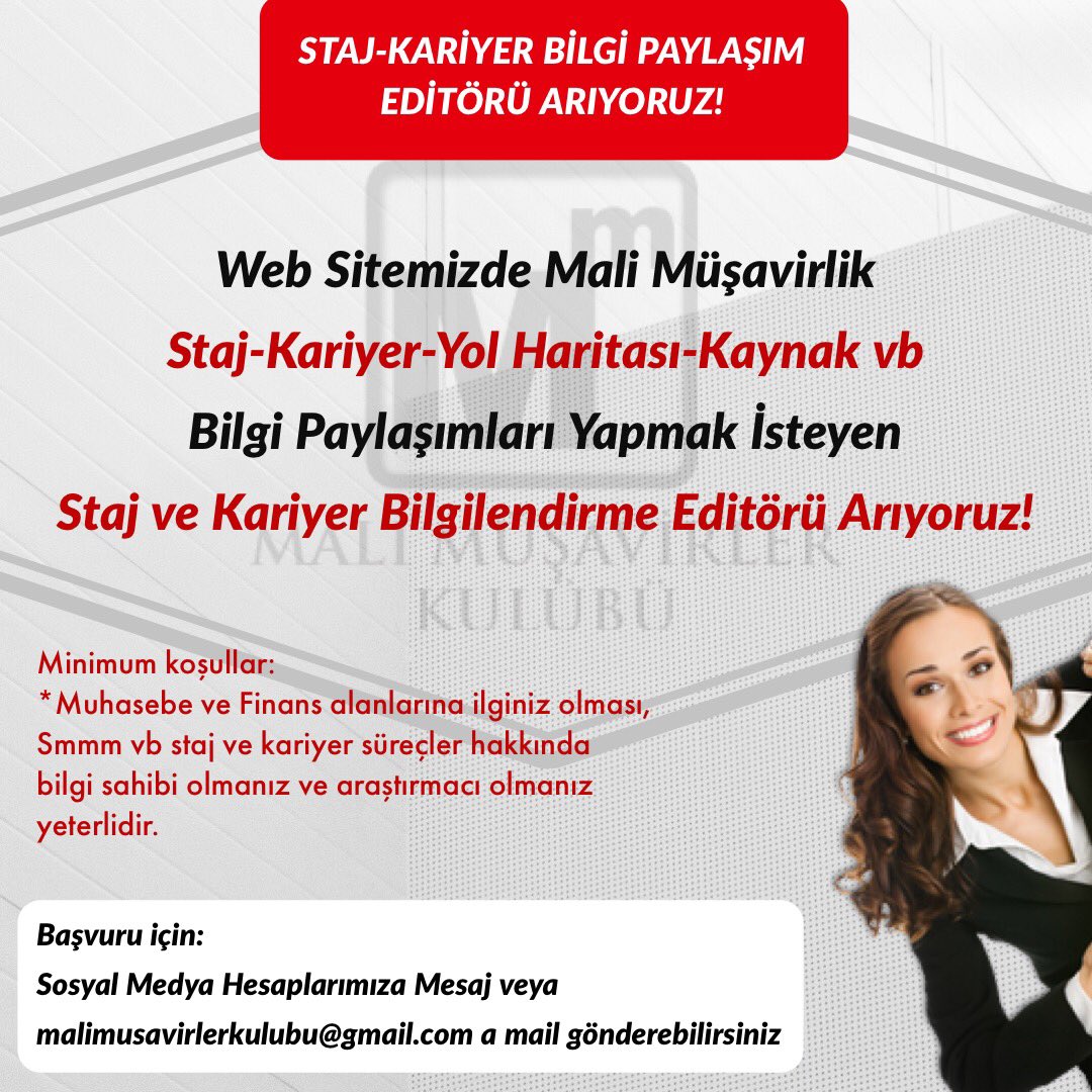 MaliMusavirlerK's tweet photo. Mali Müşavirlik Staj Kariyer Editörü Arıyoruz!
| https://t.co/AllEDh2iqK
Başvuru ve Bilgi İçin malimusavirlerkulubu@gmail.com mail gönderebilirsiniz.
#muhasebe #smmmstaj #malimüşavir #malimüşavirler #asmmmo #ismmmo #finans #smmm #ymmm #muhasebeciler #iktisat #maliye #işletme https://t.co/dZCpD9Mqkb