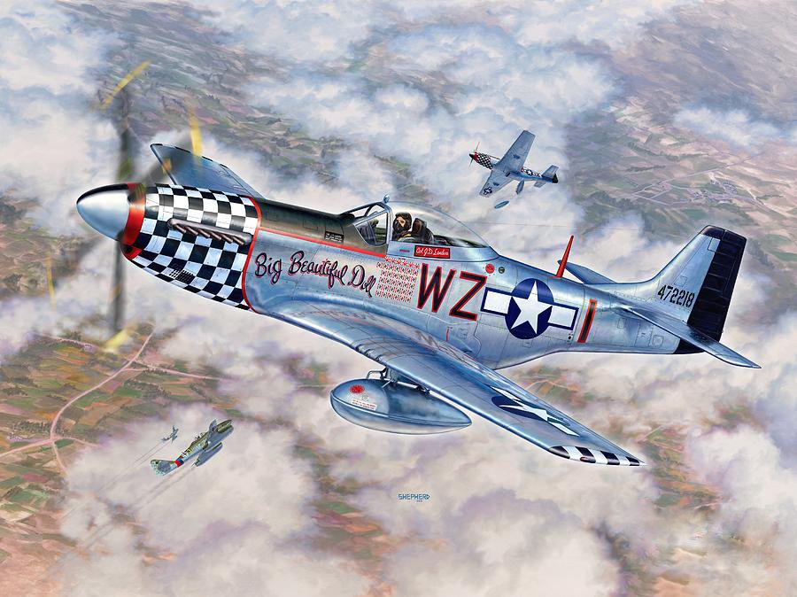 Big Beautiful Doll by Stu Shepherd
Colonel John Landers, CO of the 78th Fighter Group, flies his elaborately decorated mount, 'Big Beautiful Doll' over Southern Germany in the Spring of 1945. #p51mustang #Messerschmitt #Me262 #bigbeautifuldoll #tallyho #aircraft #plane #WW2