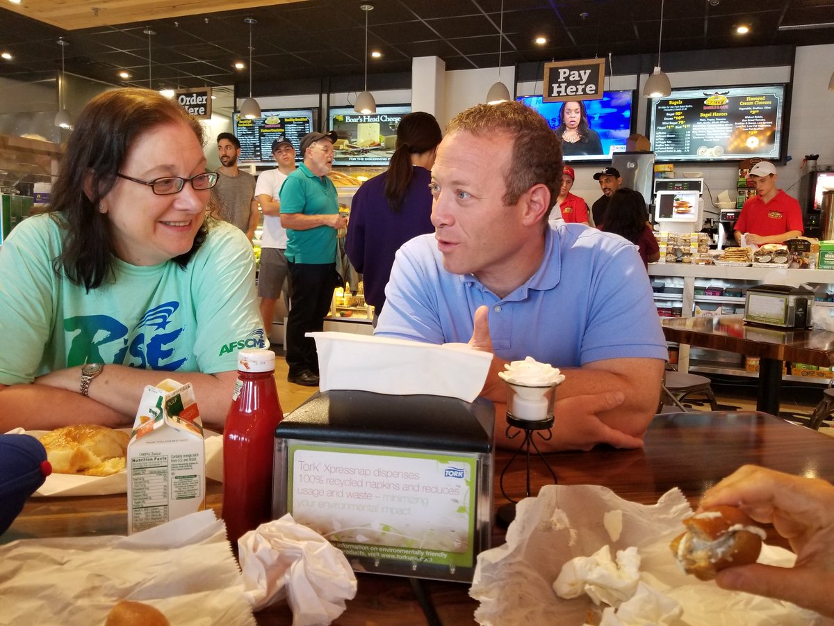ClosterClub's tweet photo. Congressman @JoshGottheimer and Closter Councilwoman Witko at Wally's Bagels - Closter NJ https://t.co/3Hie20Dv3l