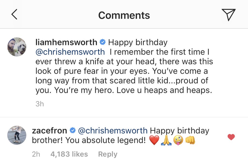 Zac wished Chris Hemsworth happy birthday today on insta 
