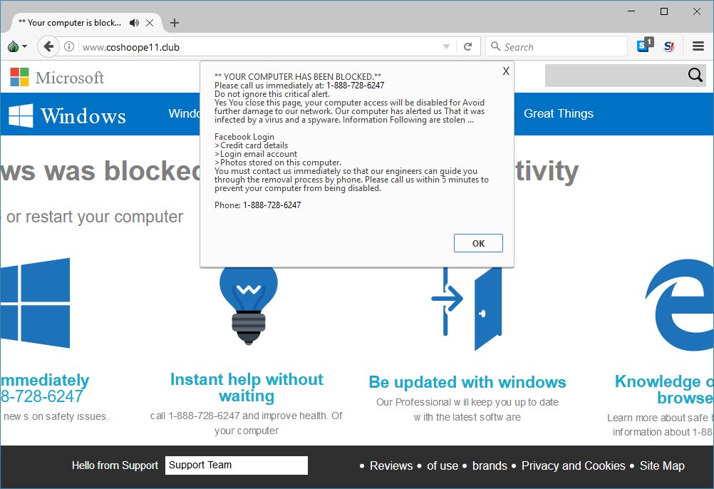 demonslay335's tweet image. #TechSupportScam - http://www.coshoope11[.]club hosted and registrar&apos;d at @GoDaddy @GoDaddyHelp #takeitdown