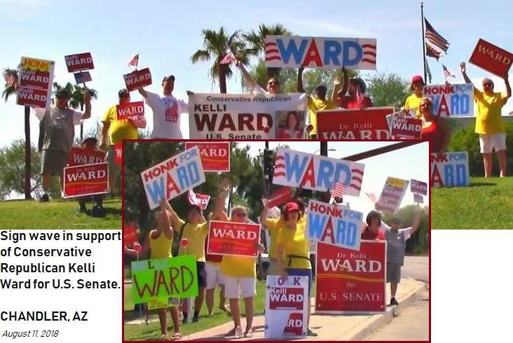whatalulu's tweet photo. Campaigned today in Chandler, Arizona supporting the great Conservative Republican Kelli Ward for U.S. Senate.  Thanks to everyone who endured the heat and came out to support Dr. Ward.  Appreciated all the honks and thumbs up. #WardWave https://t.co/2iN9pFDyN4