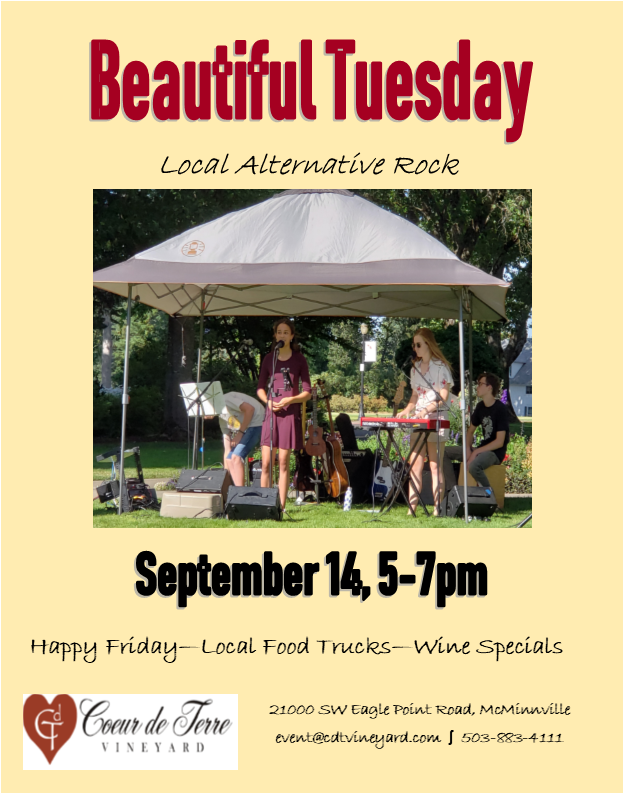cdtvineyard's tweet photo. Thank you everyone that attended yesterday to see Skybound Blue! Now, make sure you mark your calendars for Friday, September 14th in our next Music in the Vineyard Series, starring Beautiful Tuesday.
#localaltrock #BeautifulTuesday #localfoodtrucks #happyfriday #winespecials https://t.co/mc6ltwLJl4