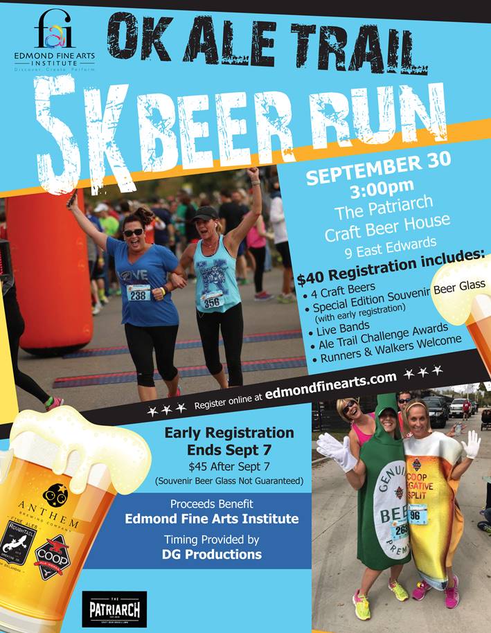 Did you hear about the #OKALETRAIL 3 mile #funrun hosted by <a href="/edmondfinearts/">Edmond Fine Arts</a> and <a href="/PatriarchEdmond/">The Patriarch</a> ONE #BEER PER LAP! Ummm ... yes! SEPTEMBER 30TH! We are a proud sponsor and would love to see you there! Live Music and a Great time with Friends! #edmondok #okc #run