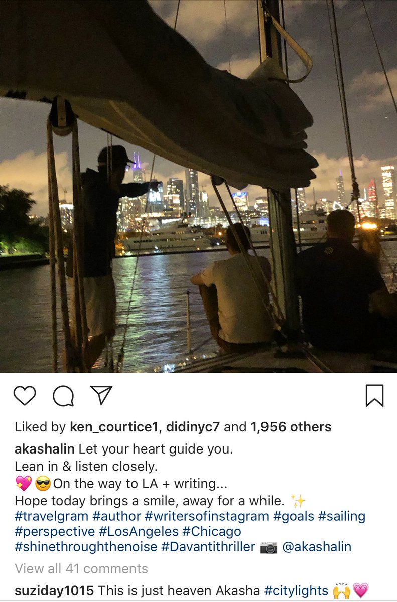 hduiha5886's tweet photo. Let your heart guide you. 
Lean in &amp; listen closely.
💖😌
On the way to LA + writing...
Hope today brings a smile, away for a while.✨ 
#goals #writerslife #sailing #perspective #LosAngeles #Chicago #shinethroughthenoise #Davantithriller 📷 @AkashaGarnier https://t.co/sciwTGIcIN