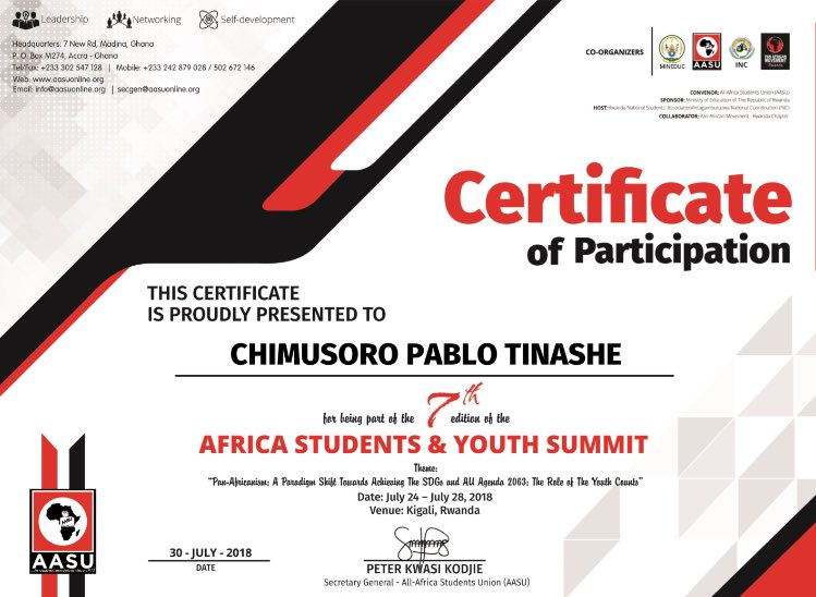 PTChimusoro's tweet photo. Grateful to @ASYS_2018 for the incredible experience I had. How I wish if I could #VisitRwanda again, the beautiful, amazing people I met and the lovely landscape. I commit to making use of this experience as a launching pad to making a difference in every way I can. Ndatenda. https://t.co/8kaNR3H4FS