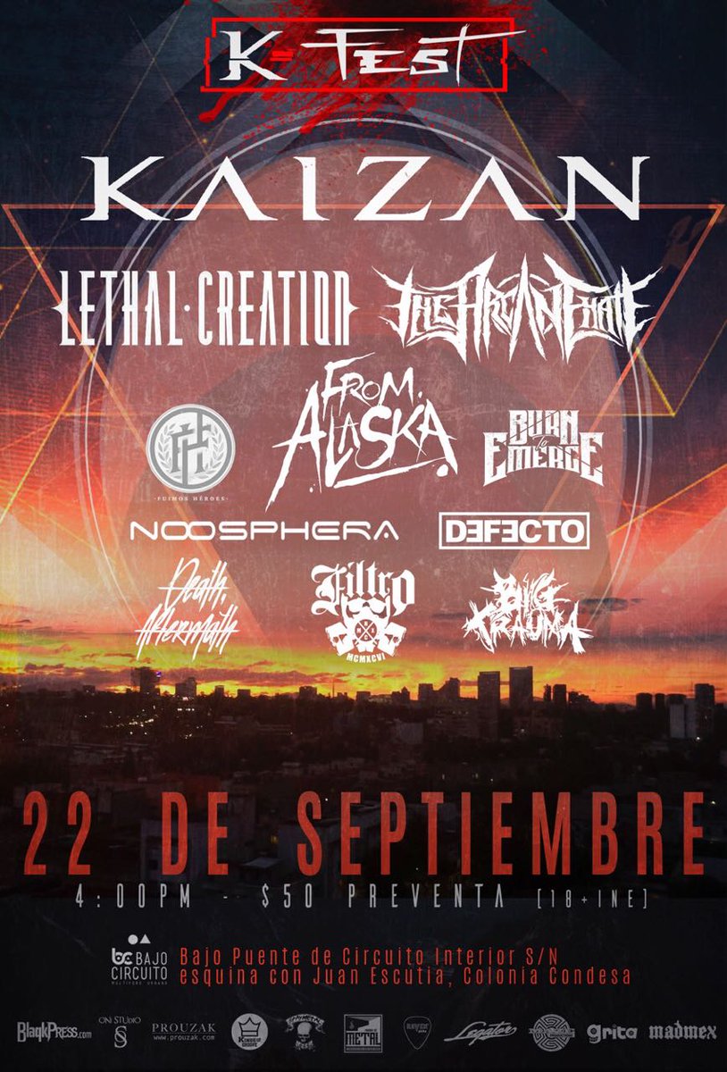 gritafuerte's tweet photo. Exclusiva, les compartimos el cartel oficial del #Kfest con @kaizan @LethalCreation1, @thearcanehatemx, @fuimosheroesmx, @FromAlaskaband, @NOOSPHERAMX, Burn To Emerge y más. https://t.co/QOPYyFkTBC