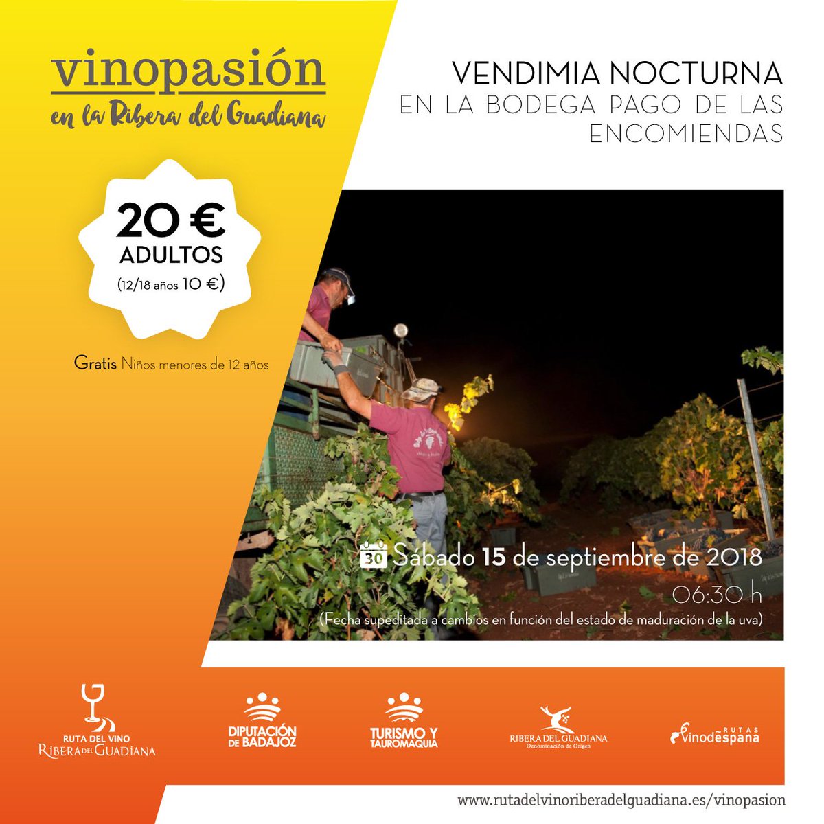 ¿Quieres vivir la apasionante experiencia de vendimiar por la noche para una de las #bodegas de la Ruta?
#VINOPASIÓN en la #RIBERADELGUADIANA, te presenta:
#VENDIMIA NOCTURNA en <a href="/pagoencomiendas/">PagoDeLasEncomiendas</a> 
Plazas limitadas
info/rvas: rutadelvinoriberadelguadiana.com/vinopasion/ 
#enoturismo #emociones #Badajoz
