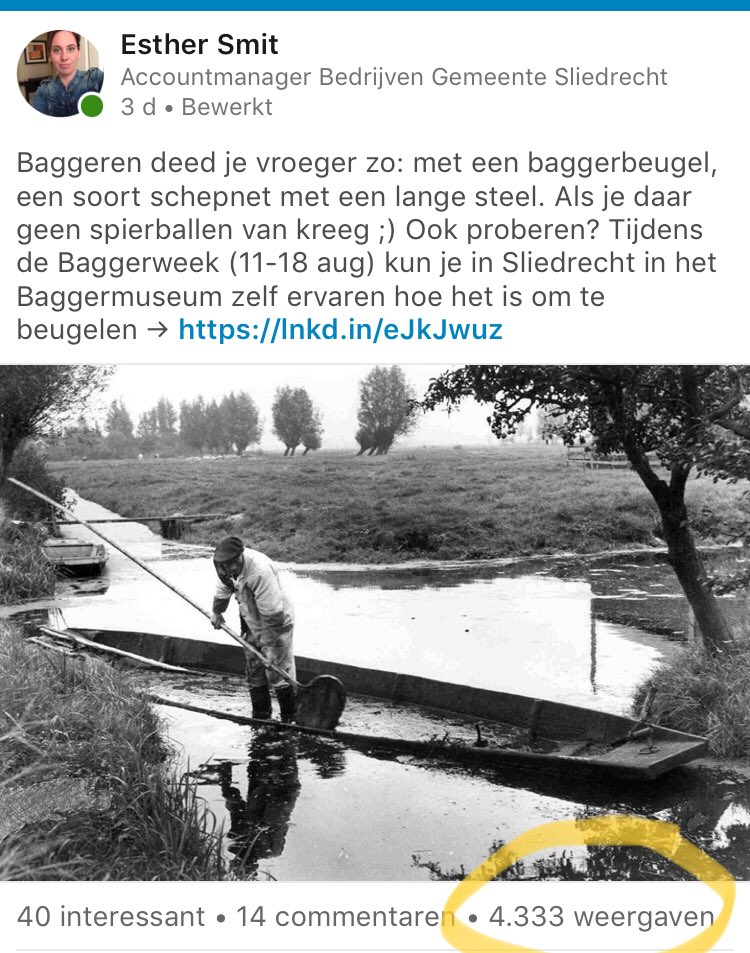 smit_esther's tweet photo. Erg #leuk om te zien hoe het (oude) #baggeren mijn #LinkedIn- netwerk bezig houdt 🤗 #meerdan4000views SLDRCHT #baggerdorp #grootindoen https://t.co/WXBYtJV0mW