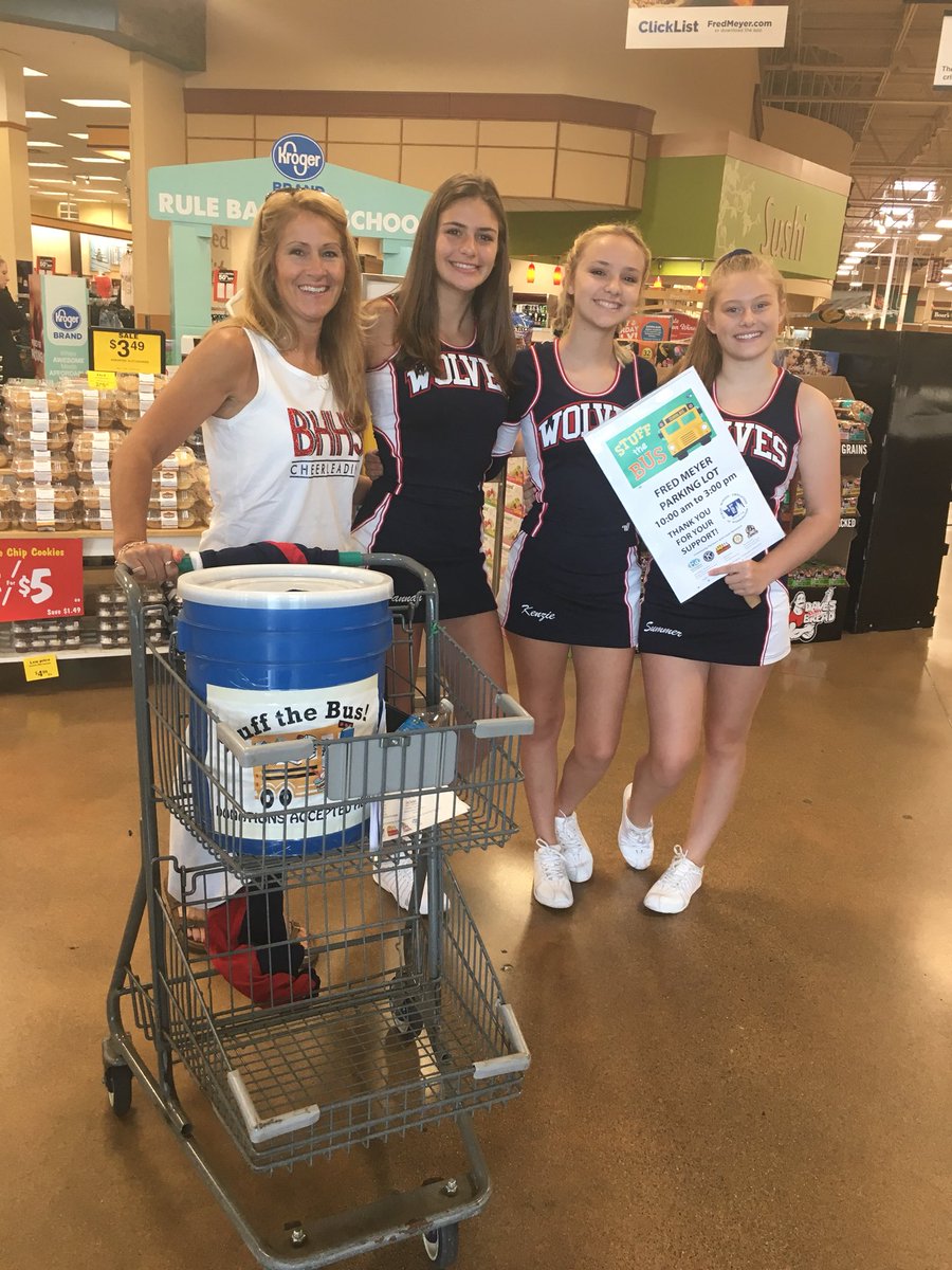 BHCheerCoach's tweet photo. BHHS Cheer helps STUFF the 🚌 with back to school supplies for kids in need! #StuffTheBus #BHCheer #WolfPack #BackToSchool https://t.co/Wy3fYWv8BX