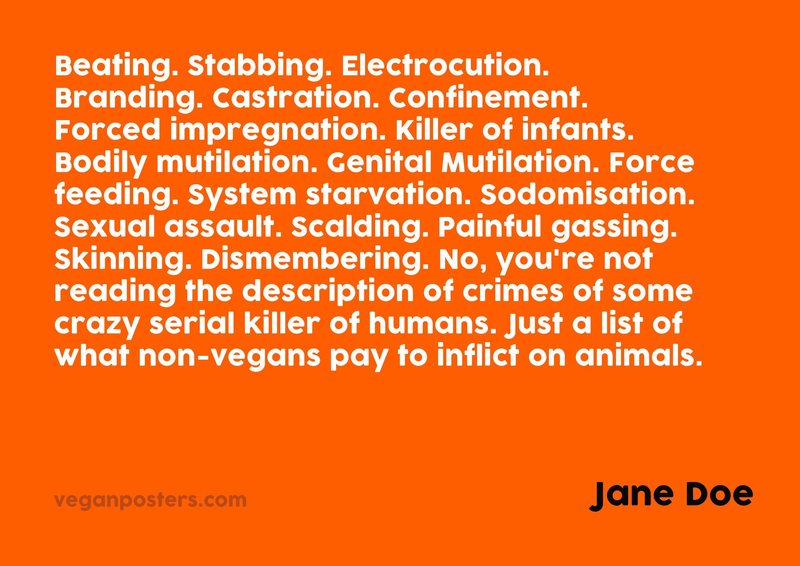 veganposters's tweet image. Beating. Stabbing. Electrocution. Branding. Castration. Confinement. Forced impregnation.... - Jane Doe #vegan