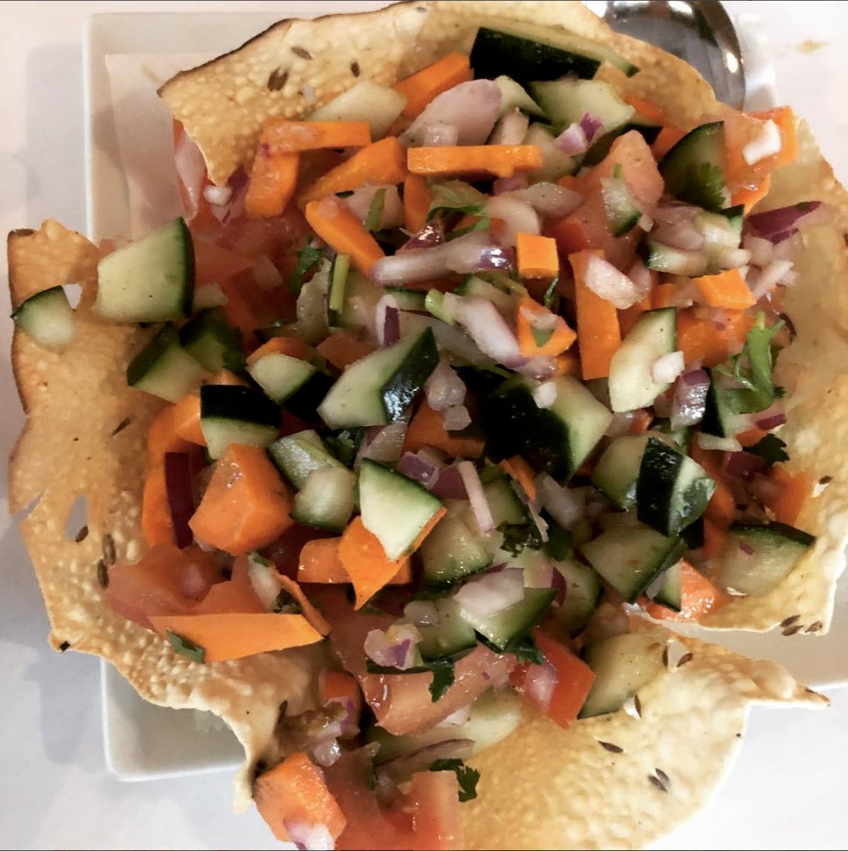 svdining's tweet photo. Chopped salad on papadum at Swaad Indian Cuisine #SanJose https://t.co/SLDSHmZhBn