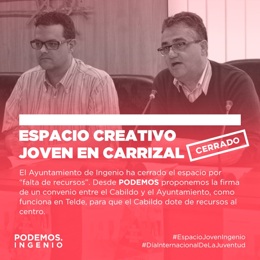 CPodemosIngenio's tweet photo. Podemos Ingenio y Podemos en el Cabildo de Gran Canaria ha presentado una propuesta para recuperar el Espacio Creativo Joven de Carrizal a través de un convenio #EspacioJovenIngenio #DiaInternacionalDeLaJuventud https://t.co/9Og49jQTEH