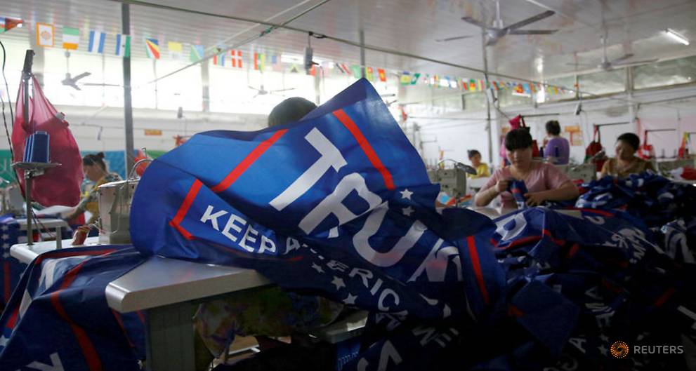 realDonaldTrFan's tweet image. Jiahao Flag Factory workers in China are making MY 90,000 new campane banners &amp;amp; american flags (on the floor in the pic)! Chinese work HARD! Unlike (lazy) US workers! BTW I made sure My tarifs WON'T affect Trump products since that would cost ME money! SMART! #MAGA #SundayMorning