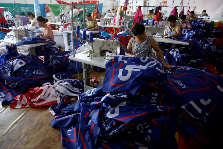 realDonaldTrFan's tweet image. Jiahao Flag Factory workers in China are making MY 90,000 new campane banners &amp;amp; american flags (on the floor in the pic)! Chinese work HARD! Unlike (lazy) US workers! BTW I made sure My tarifs WON'T affect Trump products since that would cost ME money! SMART! #MAGA #SundayMorning