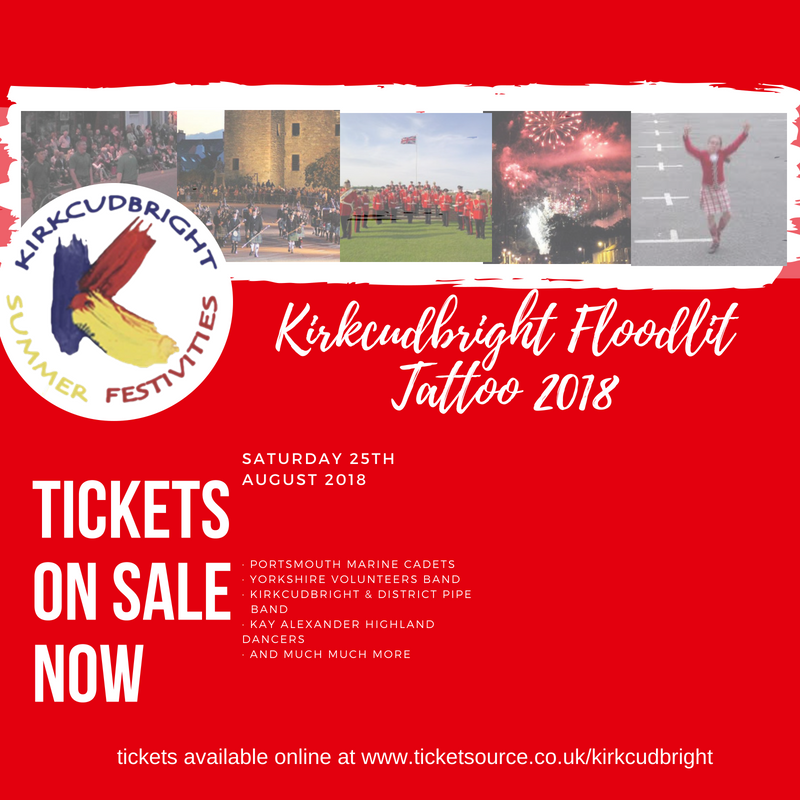 August bank Holiday weekend is not to be missed in Kirkcudbright. 

Saturday 25th August - 
Kirkcudbright Floodlit Tattoo

Sunday 26th August - 
Classic Car Rally
Kirkcudbright Farmers' &amp; Producers' Market