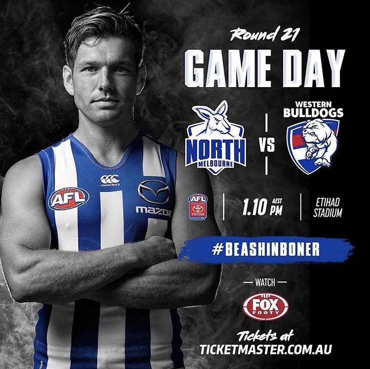 NMFCBlueRoos's tweet photo. Get on down to @EtihadStadiumAU to see @NMFCOfficial take on @westernbulldogs. Hope to see the crew from @bulldogprideau and looking forward to #kicktokick after under the watch of old mate @ralftheroof #BeAShinboner https://t.co/tWhgotxz1m