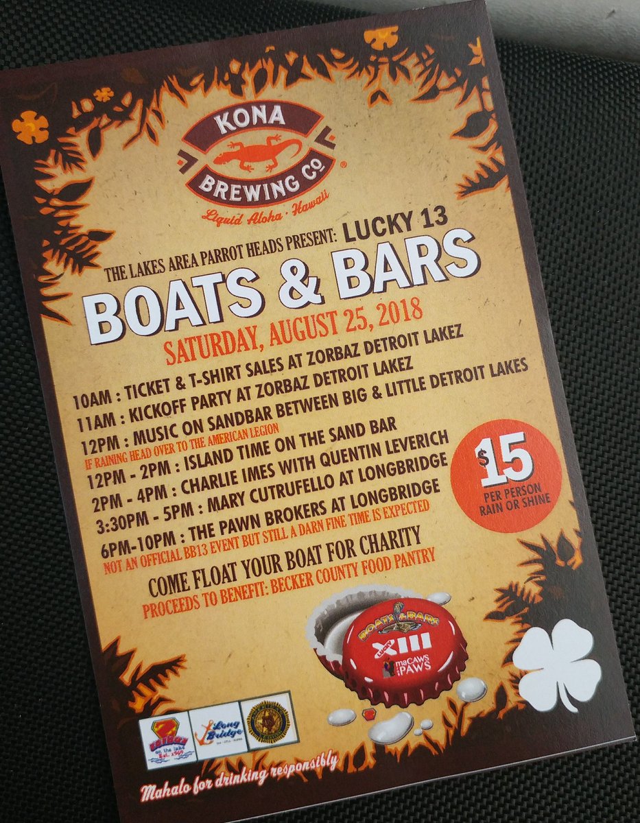 lakesareaPH's tweet photo. The tix are in for #BoatsBars13. First chance to buy is Wed, 5-7, @zorbazonthelake in @DetroitLakesMN #parrotheads #LAPHC https://t.co/6NlDdrNltK