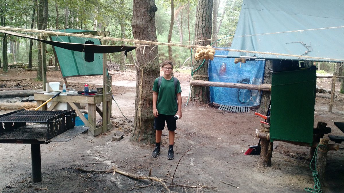 JoeTski's tweet photo. This was the boy's kitchen, bathroom, shower, dining room, and living room for a week (bedroom was in a tree). He LOVED it. The recreation was unmatched. #CampArrowhead https://t.co/CREsA7KZ9Z