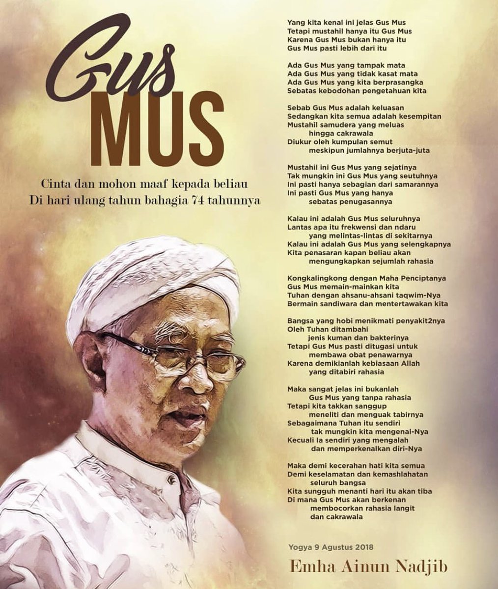 nahdlatululama's tweet photo. KH A Mustofa Bisri (Gus Mus)  lahir 10 Agustus 1944 di Rembang. Barokalloh fii umrik.. Semoga sehat selalu,  berkah, panjang umur.. Al Fatihah 
@gusmusgusmu https://t.co/DwW1stBrK8