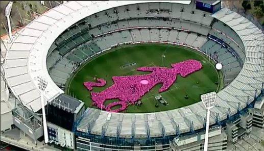 JUST IN: A sea of pink has descended on the <a href="/MCG/">Melbourne Cricket Ground</a> for the <a href="/BCNAPinkLady/">BCNA</a> #FieldofWomen to raise awareness for breast cancer. #9News