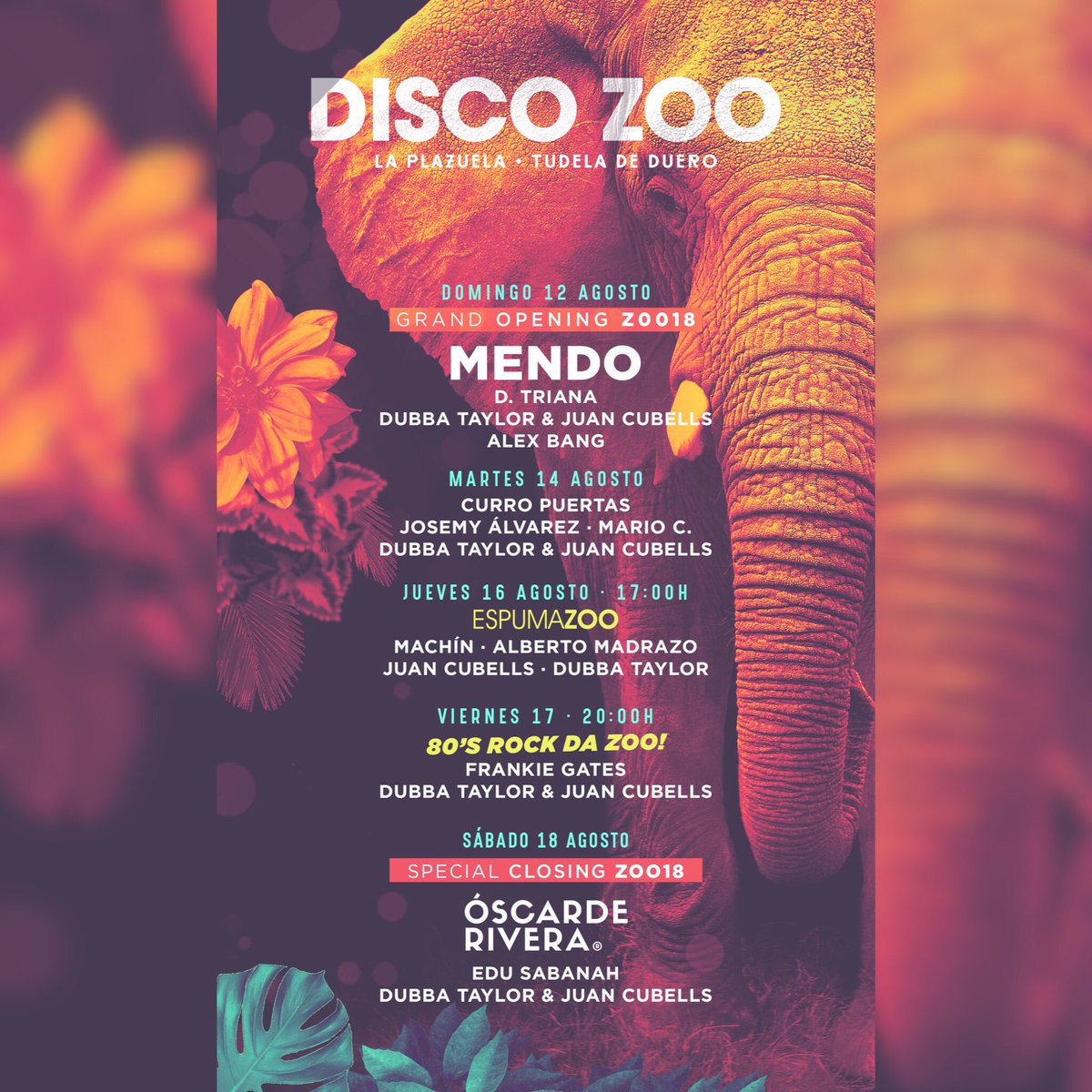DISCO ZOO 2018!
D.12 GRAND OPENING con <a href="/MendoOfficial/">Mendo</a> 
M.14 DISCO ZOO
J.16 ESPUMAZOO
V.17 80's ROCK DA ZOO!
S.18 DISCO ZOO CLOSING SEASON 2018 con <a href="/oscarderivera/">Oscar de Rivera</a> !
#discozoo
#laplazuela