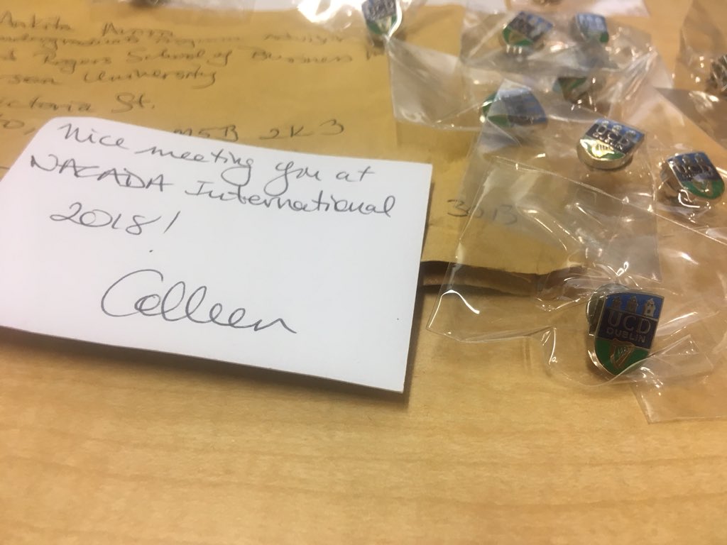 AnkitaA's tweet photo. @DublinNacada @Nacada How amazing is @DrColleen3 ?! @ucddublin pins have arrived and are a hit!  Thanks for sending a piece of Dublin home to us ❤️ at @RyersonU @TRSMRyersonU https://t.co/7FwxMuSIzU