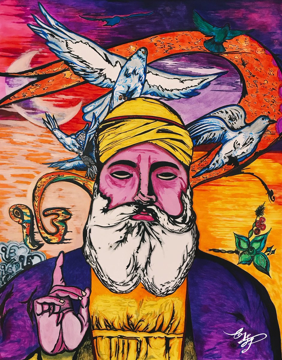 “The First Guru” 
- Guru Nanak Dev Ji 🙏 

“The first Guru” 🙏 (This piece is made vibrant & colorful for a reason, the reason being he was full of colors himself. Always spreading love & peace.) 

#waheguru #messengerofGod #vibrantcolors #hiddenmessages #nishansahib #ekomkar