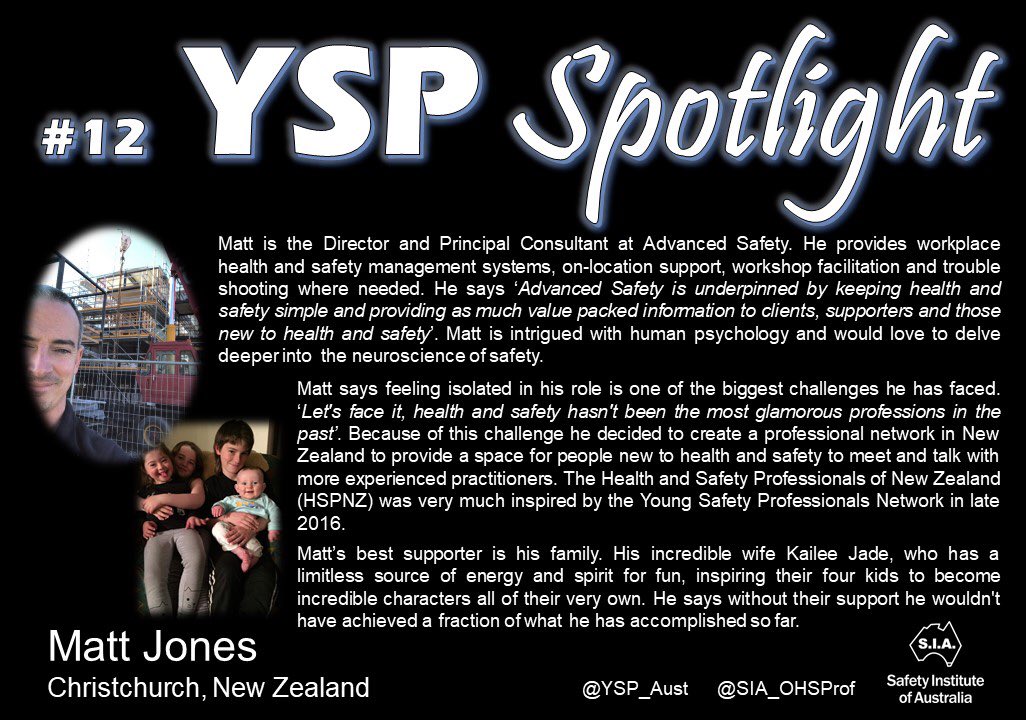 Another international today with Matt Jones in the #yspspotlight (Profile 12) <a href="/AdvancedSafety_/">Health&Safety Matt</a> 
Read about how Matt has overcome one of his challenges. 
<a href="/YSP_Aust/">Young Safety Pro</a> @SIA_OHSProf #aw2aw
To take part and put yourself in the spotlight - email: yspinfo@sia.org.au