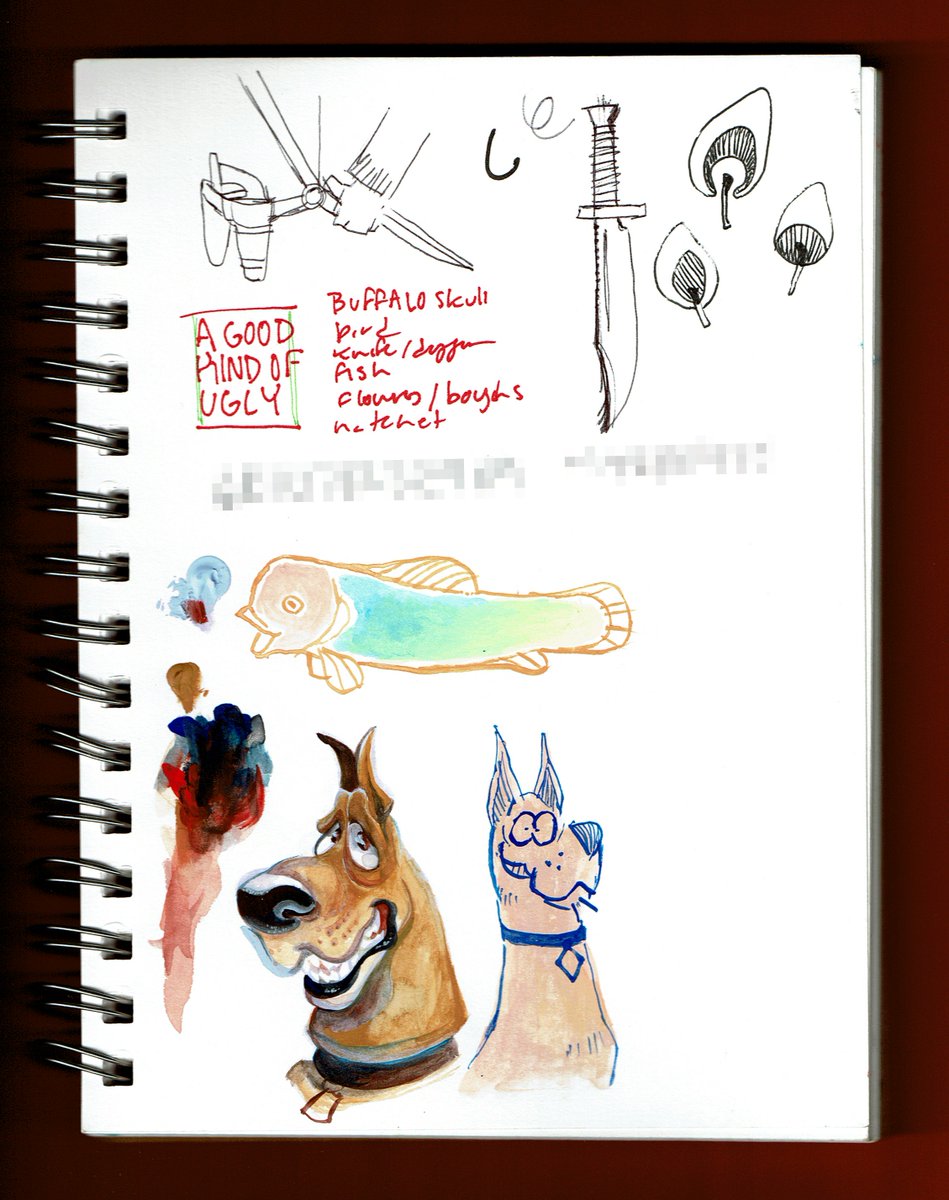 One full page and snippets - a Scooby by me, and another and a fish by @ClownGay (gouache?), heavy machinery I love, and abstract concepts.