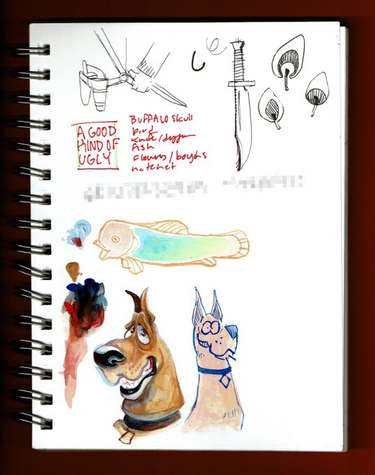 One full page and snippets - a Scooby by me, and another and a fish by @ClownGay (gouache?), heavy machinery I love, and abstract concepts. 