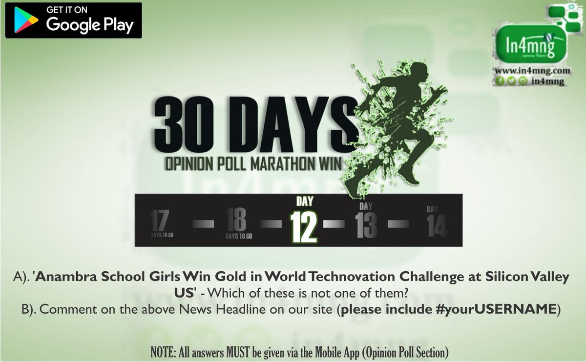 in4mng's tweet photo. Going Down Today! 
*MARATHON POLL DAY 12*

Good Luck guys!

#DayTwelve
#MarathonWin
#OpinionPoll
#PointRedemption
#ProfileUpdate
#InformingNigeria https://t.co/sHiDq6mCHs
