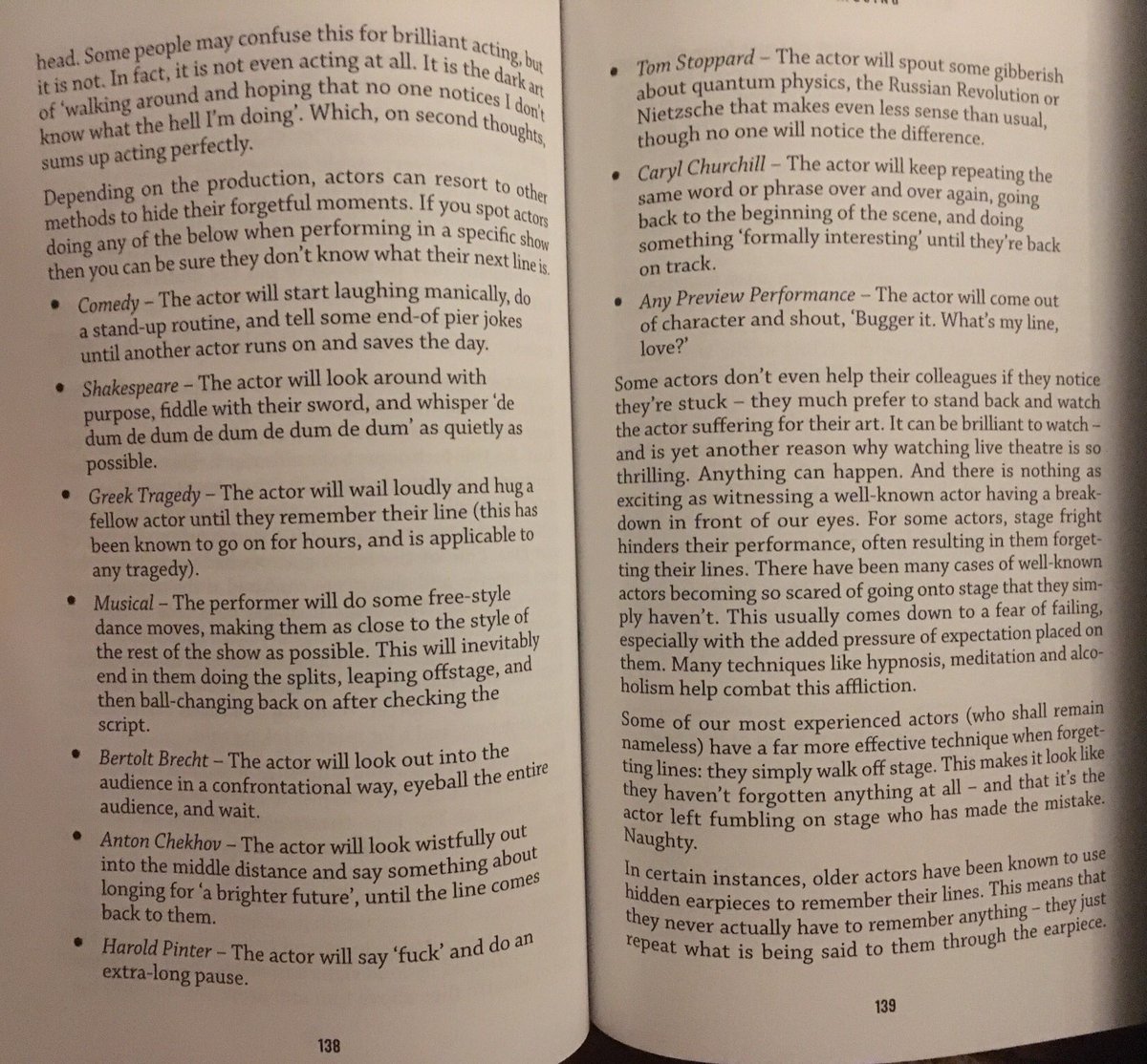 westendproducer's tweet photo. How to tell if an actor has forgotten their lines. Taken from my second book 'Everything You Always Wanted To Know About Going To The Theatre, But Were Afraid To Ask, Dear'. #dear https://t.co/Ma1UGcsFt5 https://t.co/OYcMt5vLy9