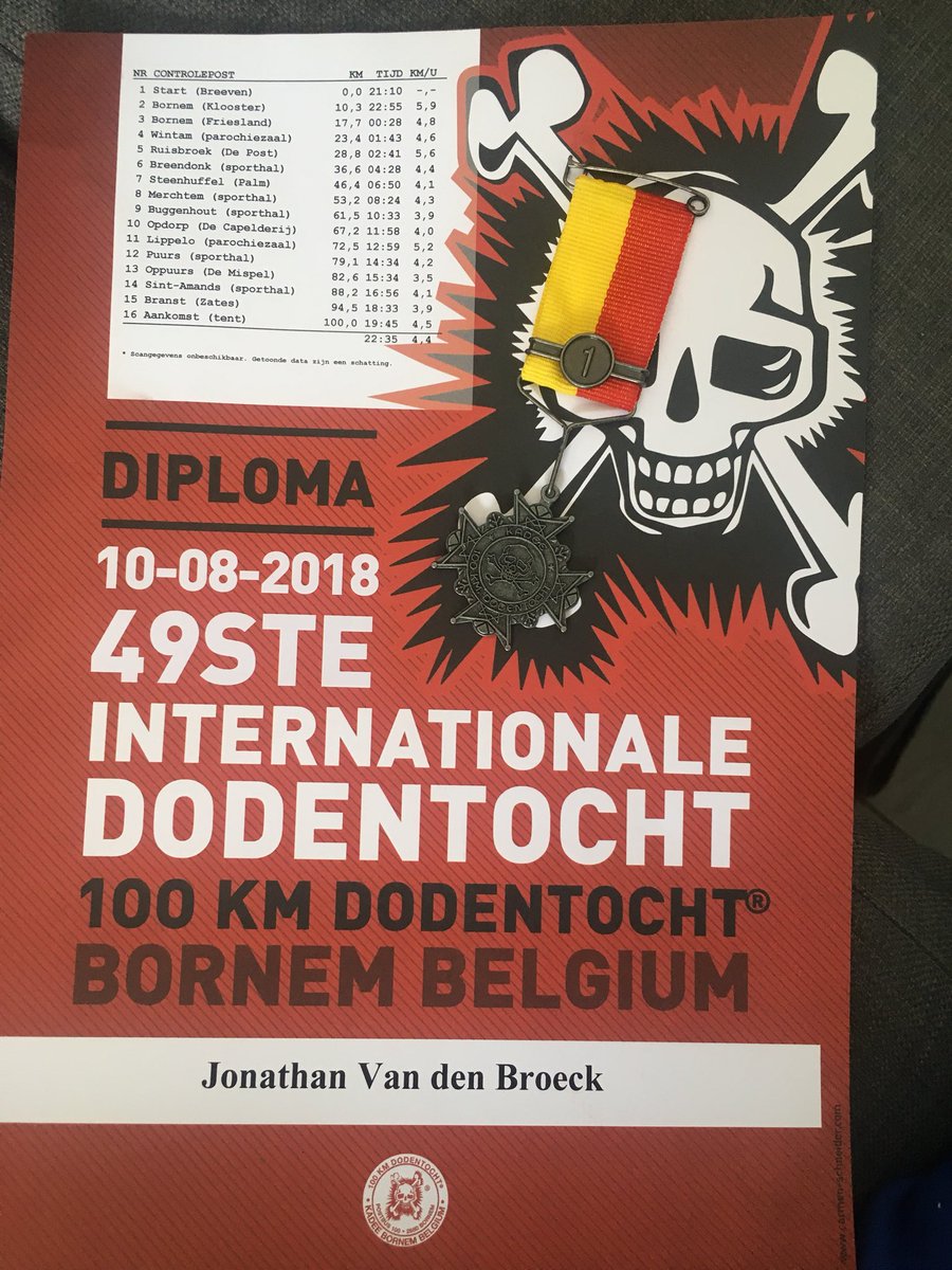 JonathanVdBr's tweet photo. So proud of this! Finally after 3 failed ones: Walked 100km together with @erikske, @KennethDevloo , Nico en @kennybos ! Yeah! #dodentocht #zot #doto18 https://t.co/ndmcE2ZKI0