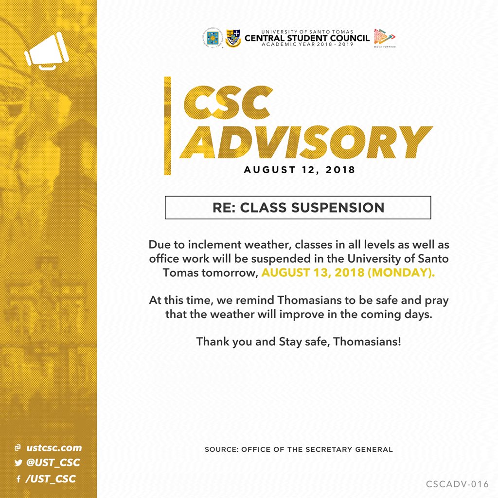 UST CSC on Twitter "CSC ADVISORY RE CLASS & OFFICE WORK SUSPENSION