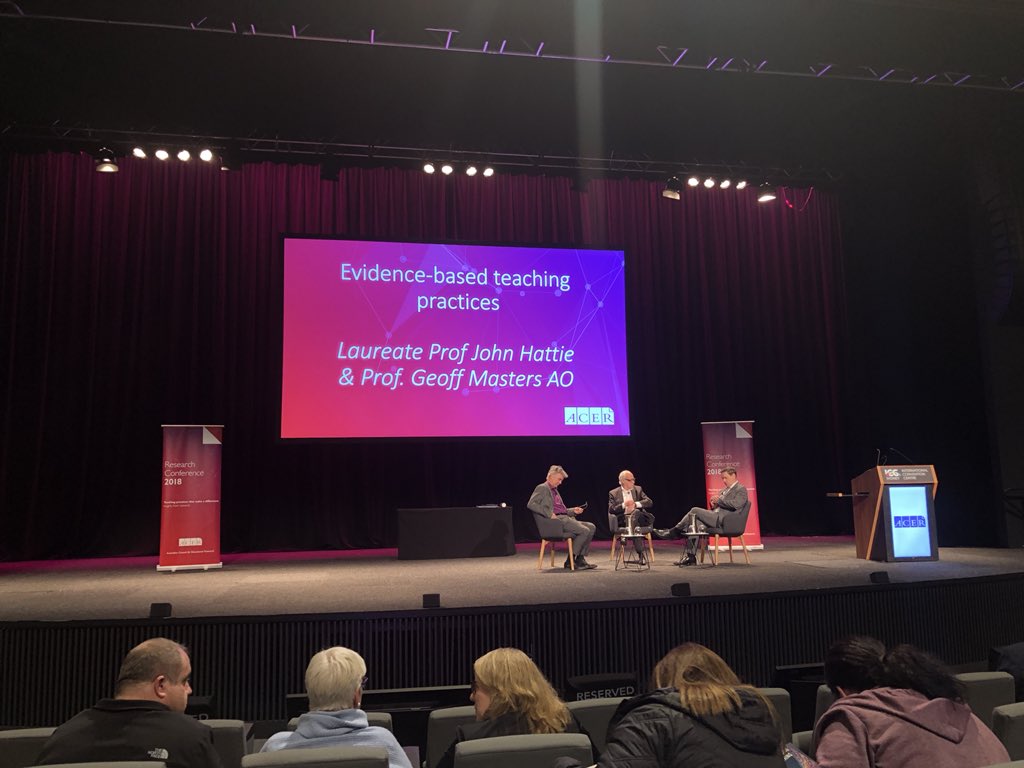 Listening to John Hattie &amp; Geoff Masters discuss evidence-based practices at the 2018 ACER research conference #RC2018 <a href="/acereduau/">ACER</a>
