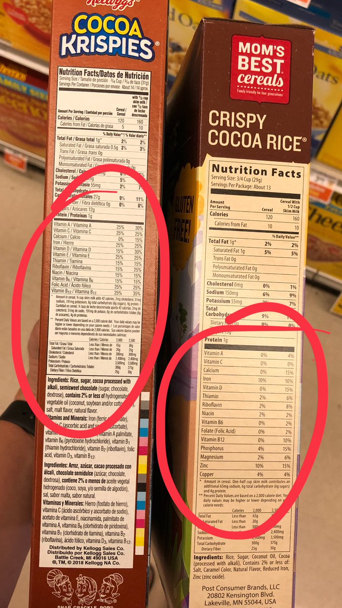 MGigger's tweet photo. I find it fascinating reading the labels between conventional cereals and “natural” cereals. Calories, fat, etc comparable, shocking differences in the vitamins.

To add, cereal on right was on clearance, not stocking it anymore. https://t.co/igf7xClAyG