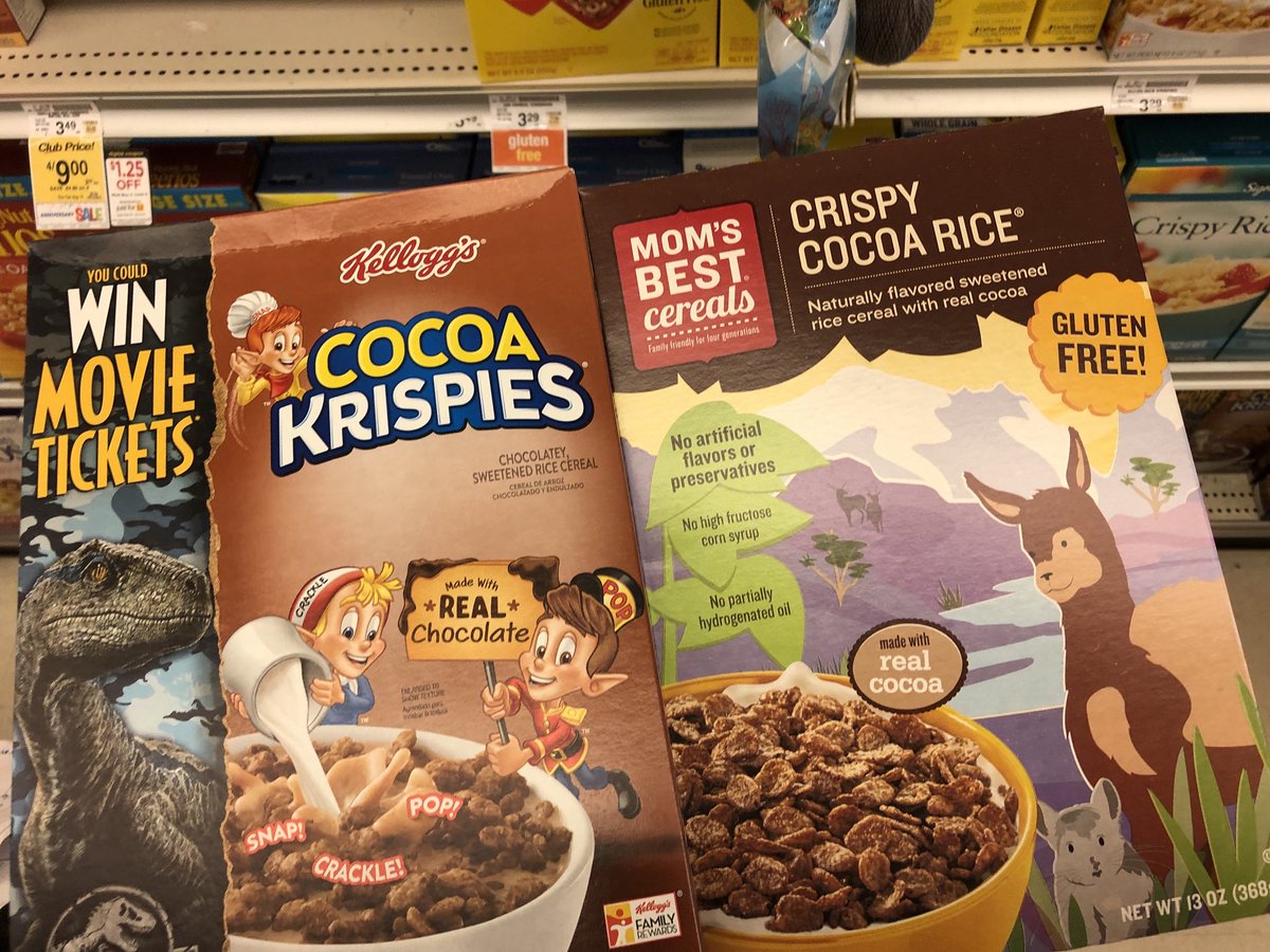MGigger's tweet photo. I find it fascinating reading the labels between conventional cereals and “natural” cereals. Calories, fat, etc comparable, shocking differences in the vitamins.

To add, cereal on right was on clearance, not stocking it anymore. https://t.co/igf7xClAyG