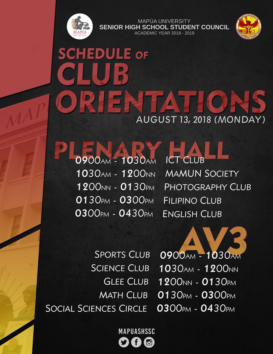 MapuaSHSSC's tweet photo. CLUB ORIENTATIONS

To know more about your house/s, we will be having the club orientations TOMORROW, August 13, 2018. Kindly check the post below for your reference.

#ClubRecWeek2018 https://t.co/FD1UwWNwWL