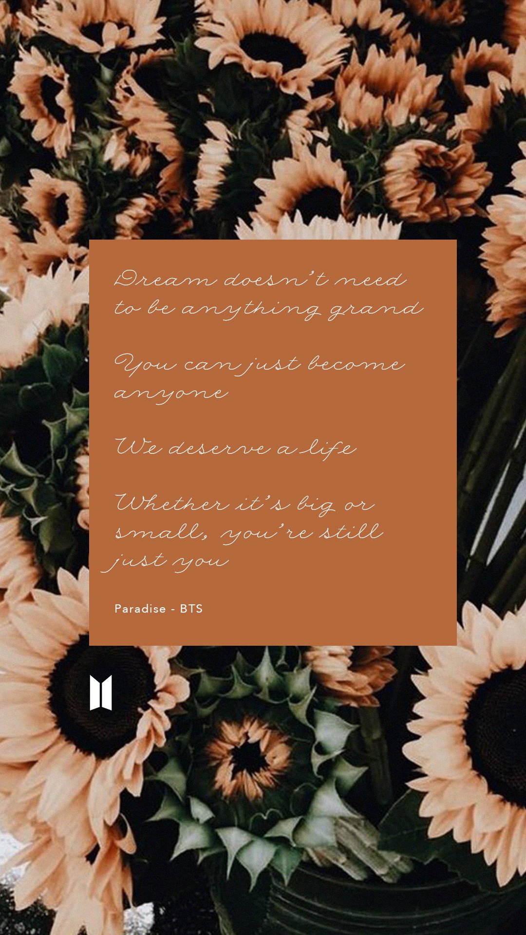 BTS Lyrics ⁷ on X: Dream doesn't need to be anything grand. Paradise - BTS  --- @BTS_twt #lyrics #quotes #inspiration #wallpaper #lockscreen #aesthetic  #mood #paradise #MotivationMonday #life #WednesdayWisdom   / X