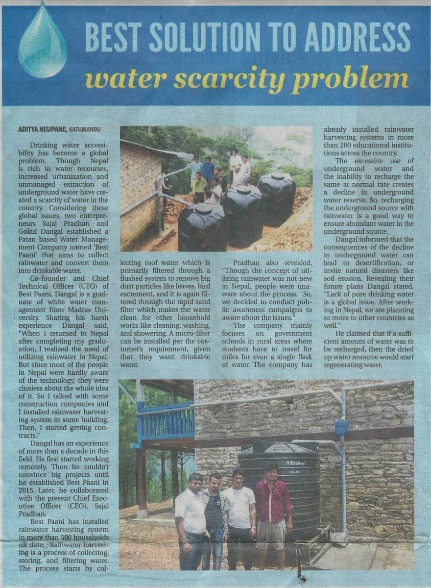BestPaani's tweet photo. Best Paani was featured at Republica on August 9, 2018. Best Paani founders Sajal Pradhan and Gokul Dangal have given their insights on what they have been doing to address water scarcity problem of Nepal with their water work services. Please go through this article for details. https://t.co/udGOg4vUZo