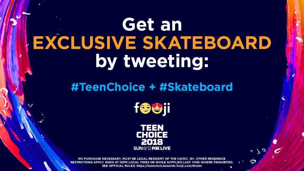 TeenChoiceFOX's tweet photo. Sick wheels, @gofooji! 🏄‍♂️ Want a CUSTOM Teen Choice skateboard? Tweet #TeenChoice + #Skateboard for a chance to win. https://t.co/sbcgUPYmEJ