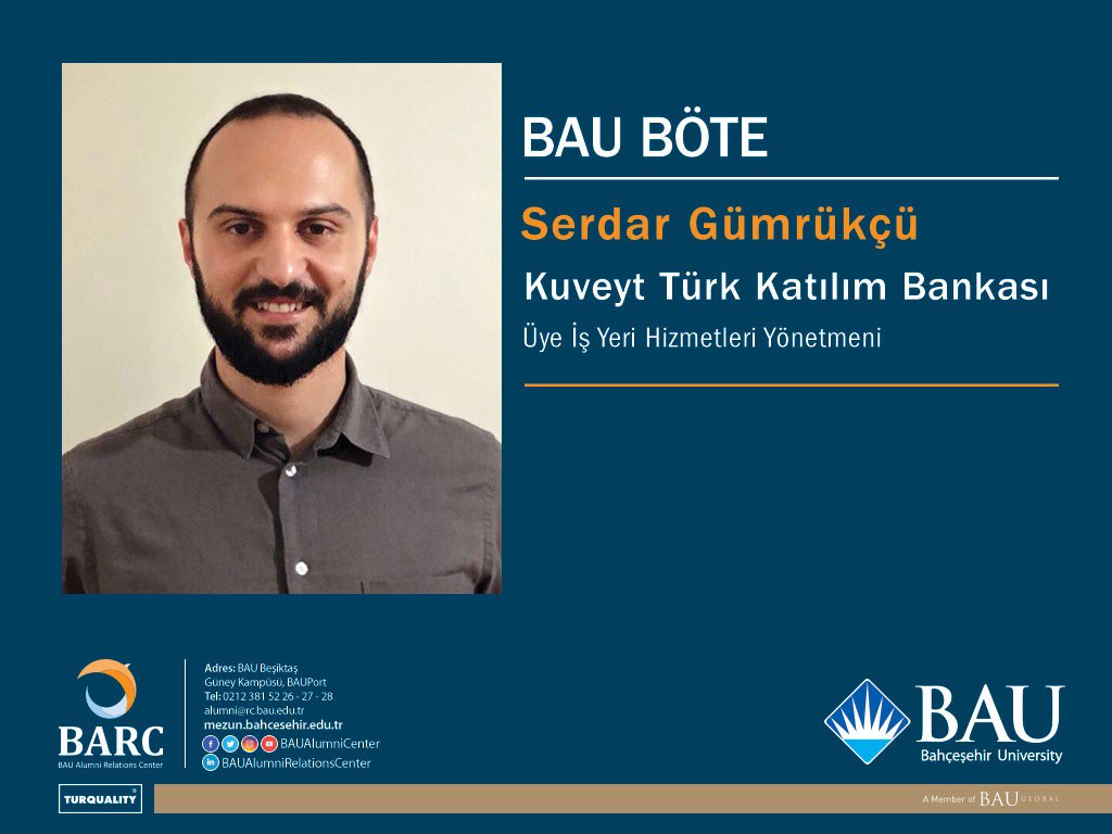 #BAUBÖTE mezunlarımız nerede & ne iş yapıyorlar? @srdr8 @kuveytturk’de “Üye İş Yeri Hizmetleri Yönetmeni” olarak çalışıyor 👏🏻 Sen de #böte’ye gel 👍🏻 #BÖTEmezunu #işyeri #yönetmen @EnverYucel @SrnKaradeniz @YavuzSamur @TufanAdiguzel @bariserdogan_mu @erkut378 @BAUAlumniCenter