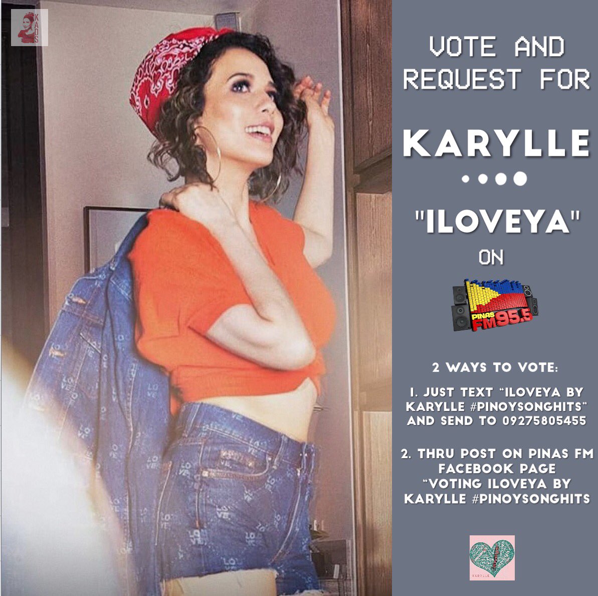 KarylleAdmirers's tweet photo. Hey guys! Time to vote for #Iloveya on the Radio and MYX Charts! Our main agenda is to focus on Magic 89.9 &amp; MYX, but you can also vote/request on Play FM, Pinas FM and other radio stations. 😁 

See tweet below for important links. 👇 https://t.co/jHSeooCC6P