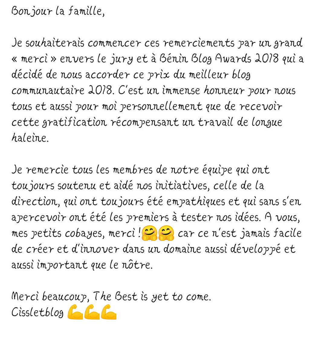 Cc <a href="/beninblogawards/">Bénin Blog Awards</a> @limmortelferry <a href="/yoroba/">Alasso Yoro Ba</a> <a href="/ab_benin/">Blogueurs du Bénin</a> <a href="/CandyGbaguidi/">GBAGUIDI Kelly</a> <a href="/AwanabiI92/">Esther IDRISSOU</a> <a href="/semevokoucoi/">Sèmèvo KOUCOI</a> merci beaucoup 👏