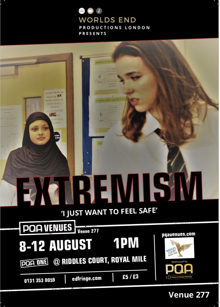 Last chance to see #Extremism at #pqavenues #venue277 on the Royal Mile at 1pm. This powerful play has been receiving great reviews from everyone who has seen it. Don’t miss out.