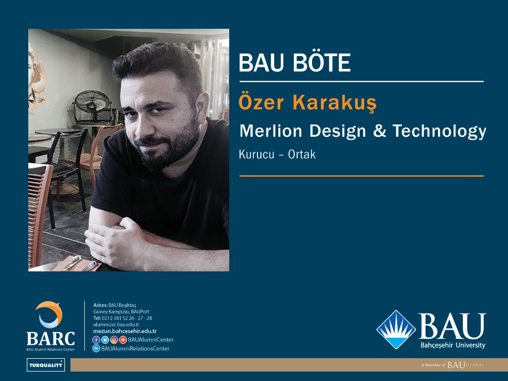 #BAUBÖTE mezunlarımız nerede & ne iş yapıyorlar? @ozerkarakus Merlion Design & Technology “Kurucu Ortağı” 👏🏻 Sen de #böte’ye gel 👍🏻 #BÖTEmezunu #design #technology #graphicdesign @EnverYucel @SrnKaradeniz @YavuzSamur @TufanAdiguzel @bariserdogan_mu @erkut378 @BAUAlumniCenter